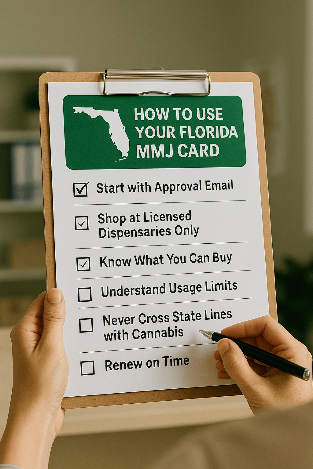 Checklist titled 'How to Use Your Florida MMJ Card' with steps for new medical marijuana patients in Florida.