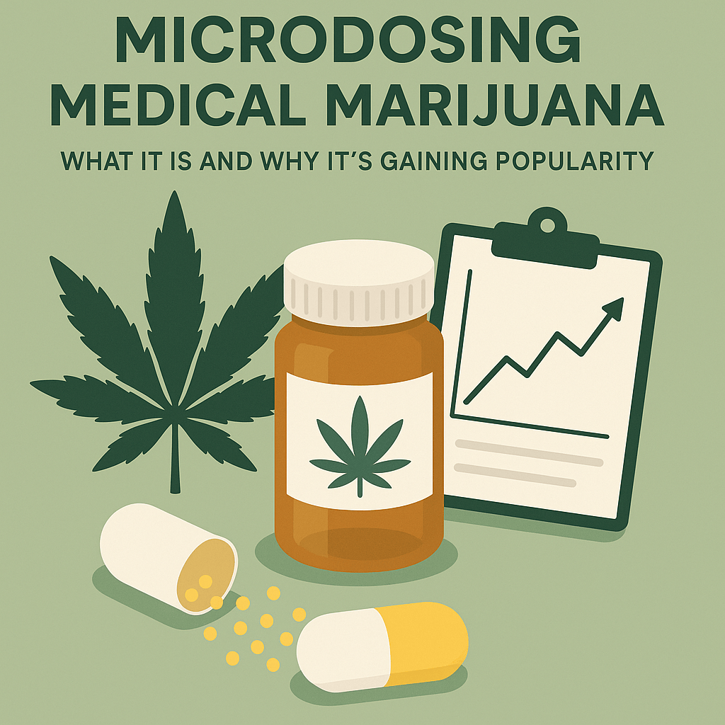 Illustration of a cannabis pill bottle, marijuana leaf, and chart explaining microdosing medical marijuana and its growing popularity