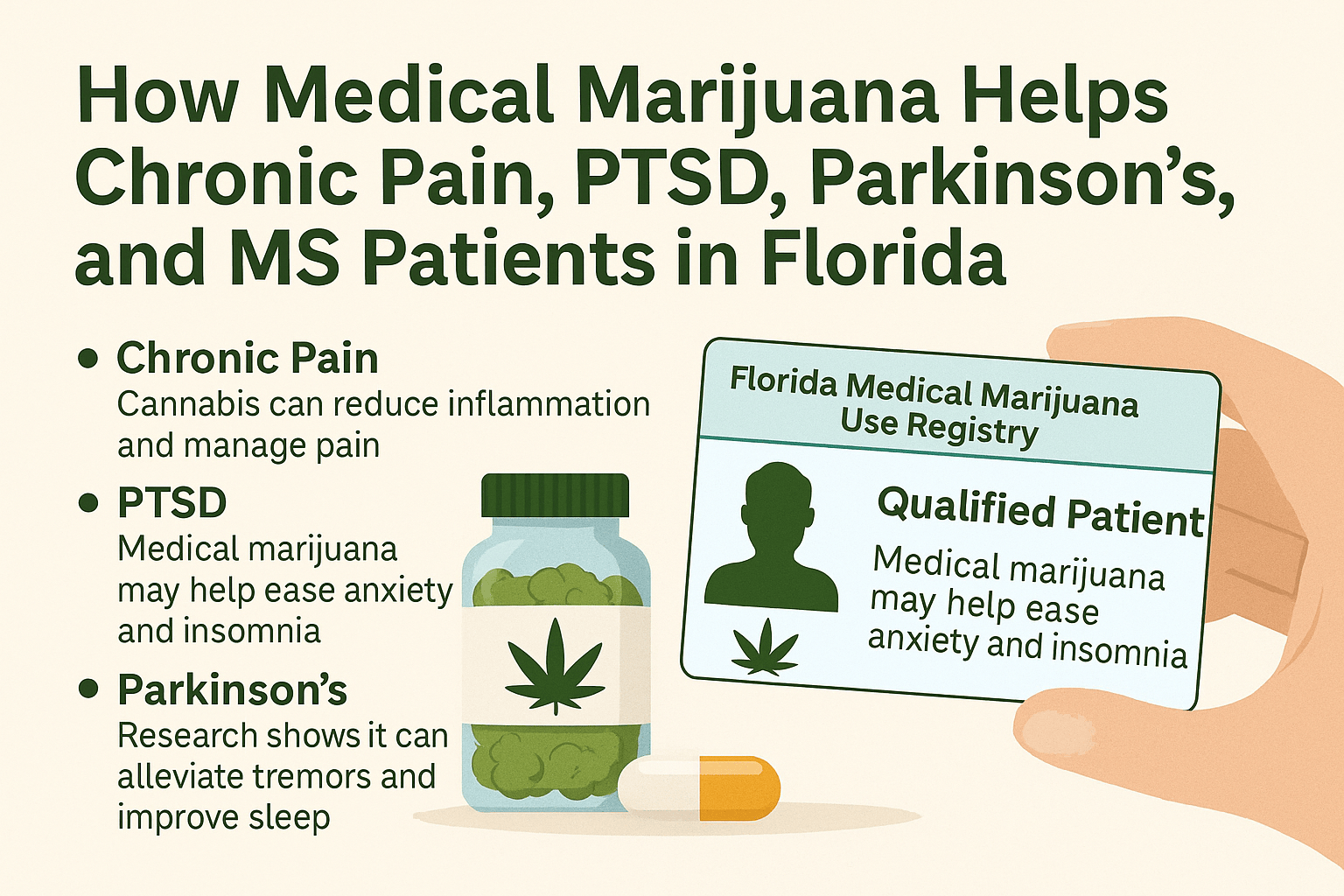 Illustration of a Florida Medical Marijuana Use Registry card with cannabis products, highlighting benefits for chronic pain, PTSD, Parkinson’s Disease, and Multiple Sclerosis