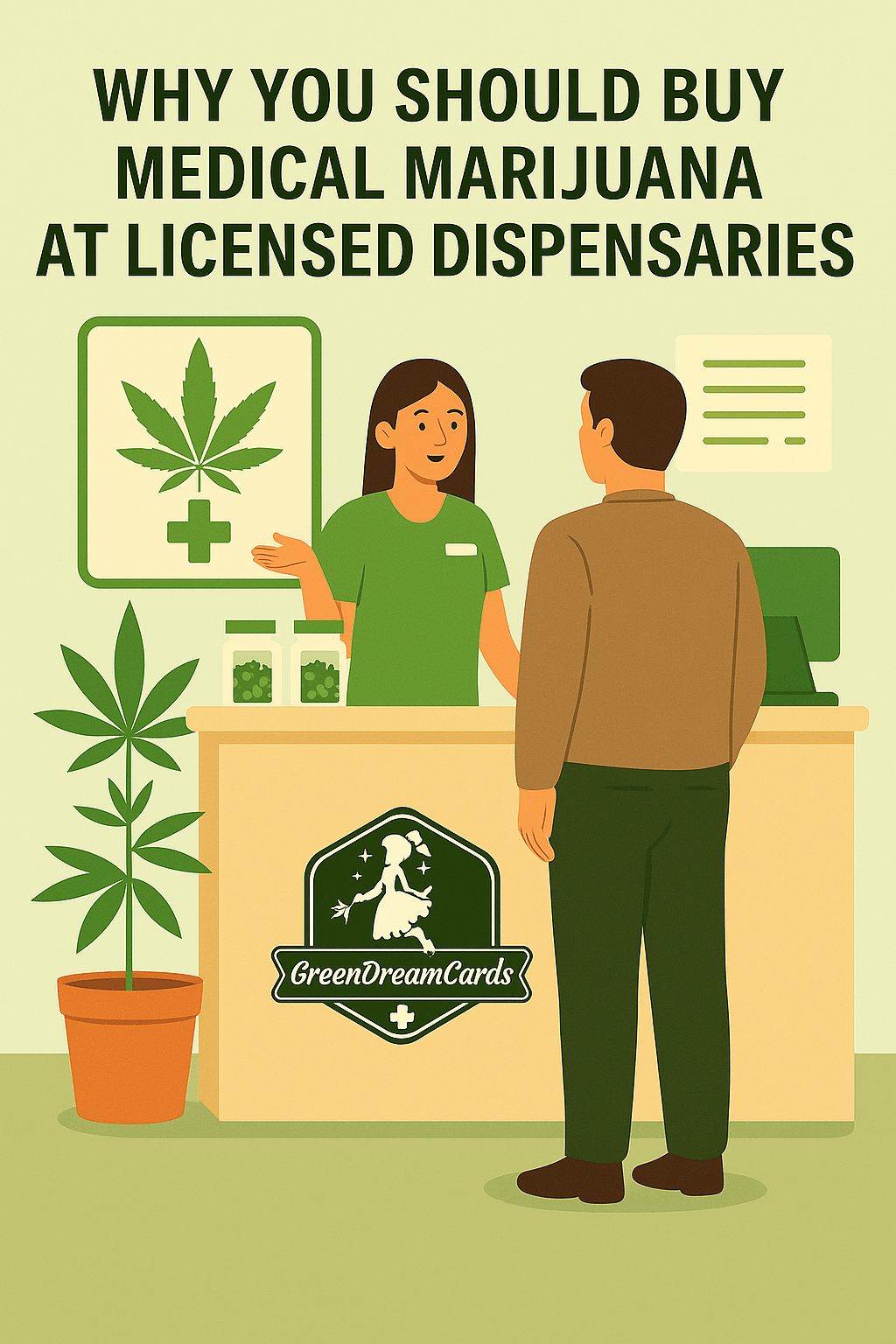 Illustration of a licensed medical marijuana dispensary interior with patients shopping for safe, lab-tested cannabis products