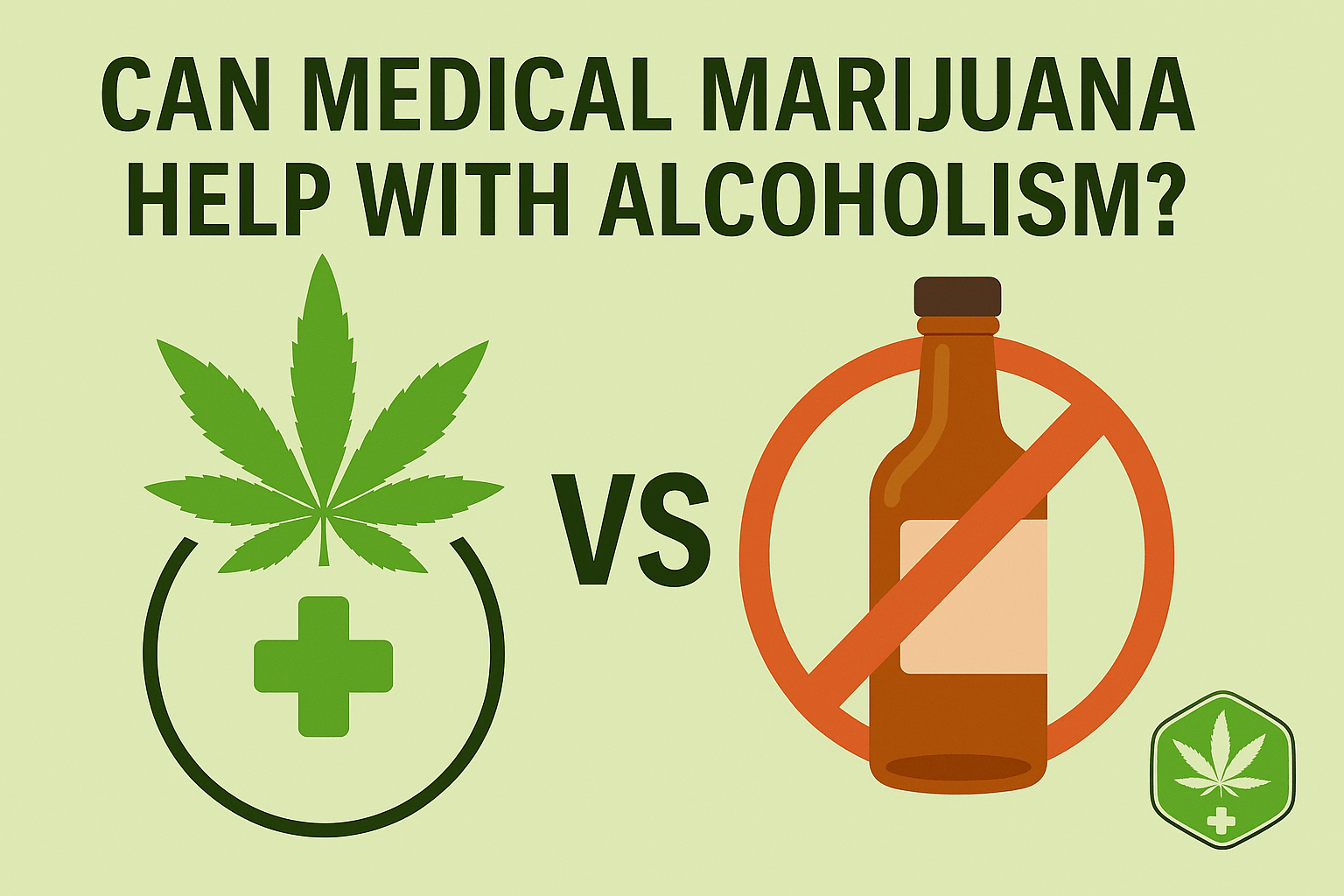 Illustration asking if medical marijuana can help with alcoholism, featuring a cannabis leaf and question text on a clean background