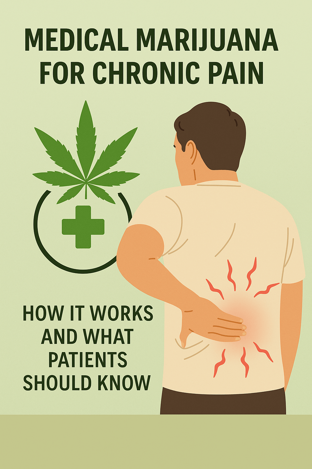 Illustration of a person with chronic back pain next to a medical marijuana leaf and cross symbol, highlighting how medical marijuana helps manage chronic pain