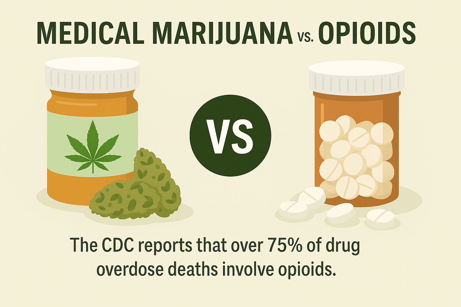 Flat-style infographic comparing medical marijuana and opioids for safer pain management alternatives